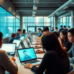 Modern urban learning environment showcasing innovative education tools embodying 有道 values.