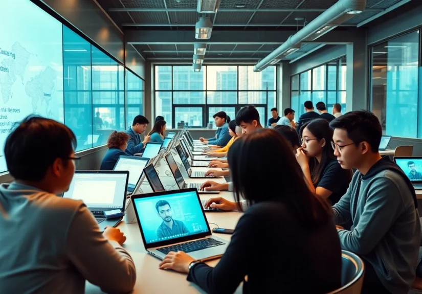 Modern urban learning environment showcasing innovative education tools embodying 有道 values.