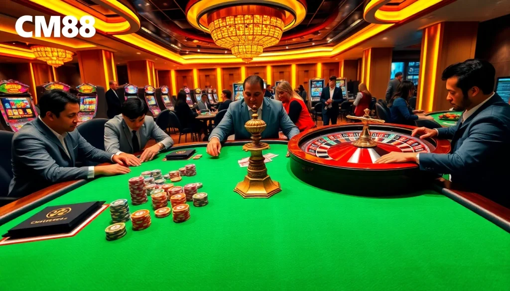 Experience the thrill of CM88 at a luxurious casino where players strategize over poker chips and roulette.