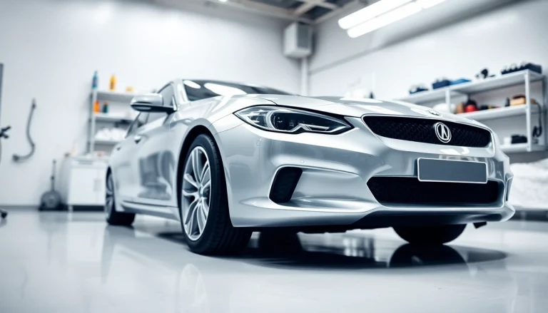 Fahrzeugaufbereitung, professioneller Autoservice mit glänzendem Auto in einer modernen Garage.