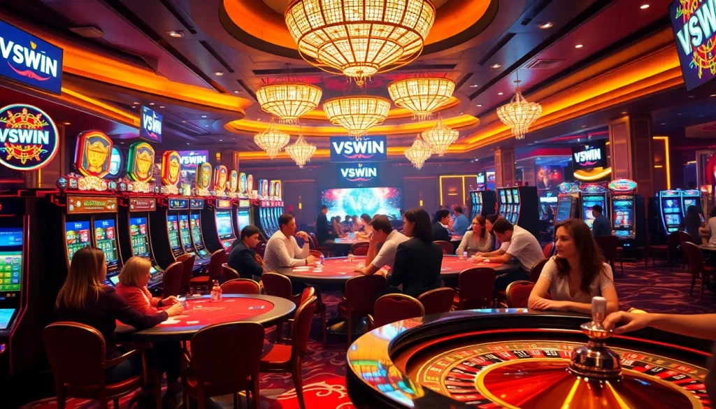 Experience VSWIN's vibrant casino ambiance with players thriving at slot machines and poker tables.