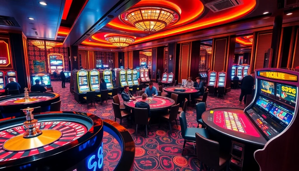 SC88 casino experience featuring players at a poker table and a vibrant roulette wheel.