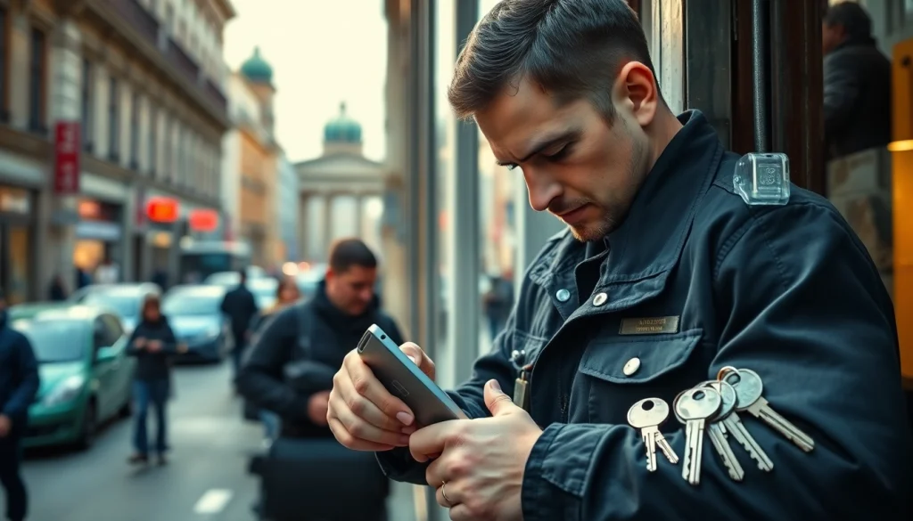 Professioneller Schlüsseldienst Berlin bei der Arbeit an einer Tür mit hochwertigem Werkzeug.