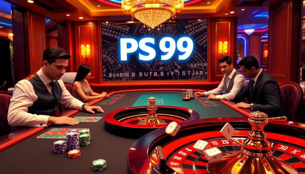Engage in high-stakes poker at PS99's luxurious casino table with vibrant chips and thrilling ambiance.