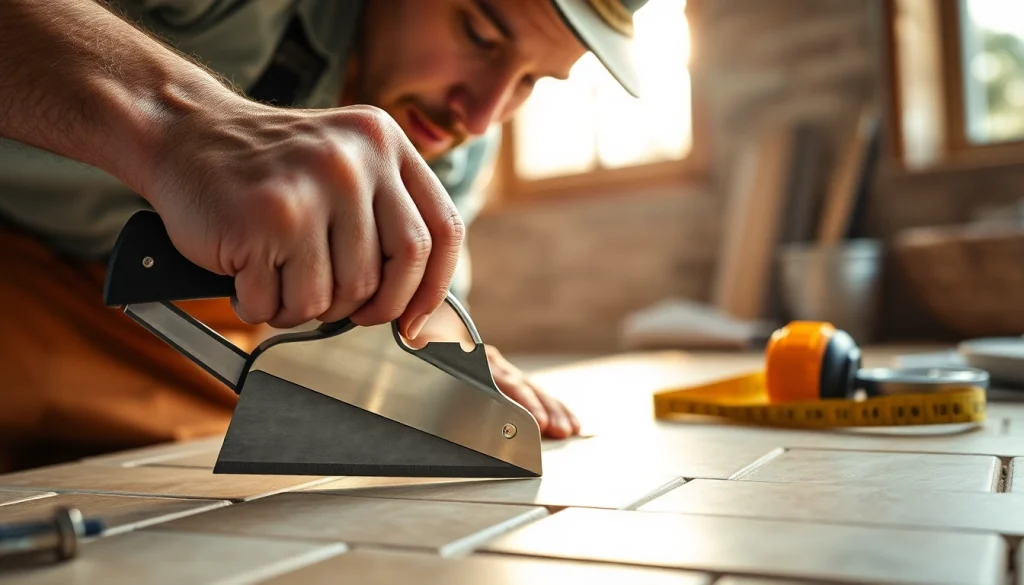 Handwerker verwendet geschickt ein Fliesenmesser, um Fliesen in einem professionellen Arbeitsumfeld zu schneiden.