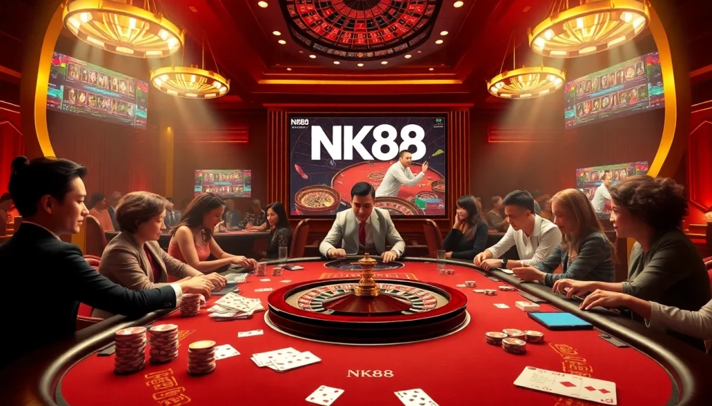 Experience the excitement of NK88 with vibrant casino elements like roulette and poker games in a sophisticated setting.
