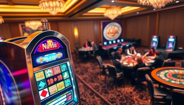Nổ Hũ slot machine in a vibrant casino setting with players engaged in various games.