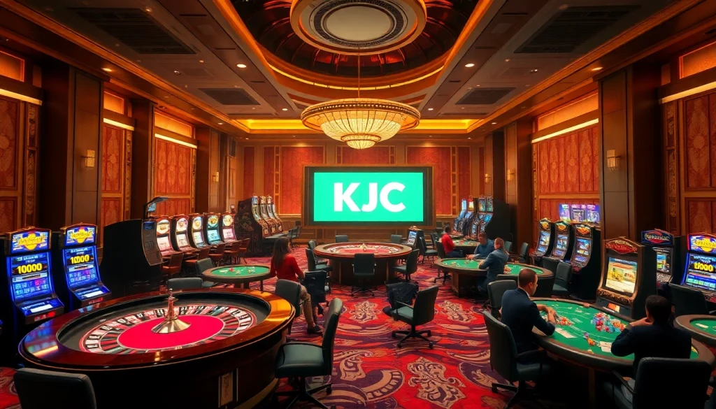KJC casino scene showcasing players at roulette and poker tables, highlighting excitement and luxury.