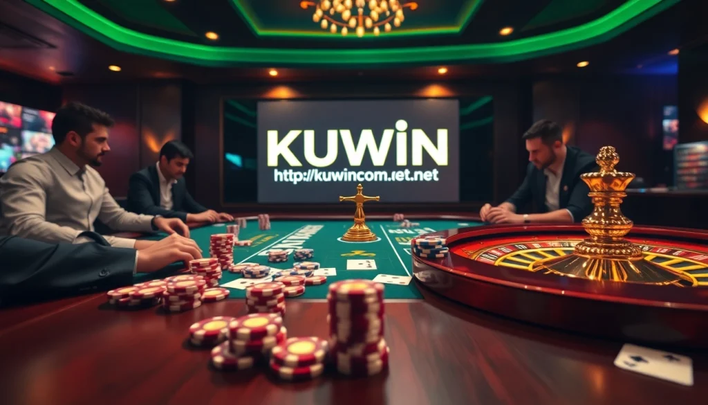 Experience thrilling gambling at https://kuwincom.net/ with an exciting poker game scene showcasing chips and cards.