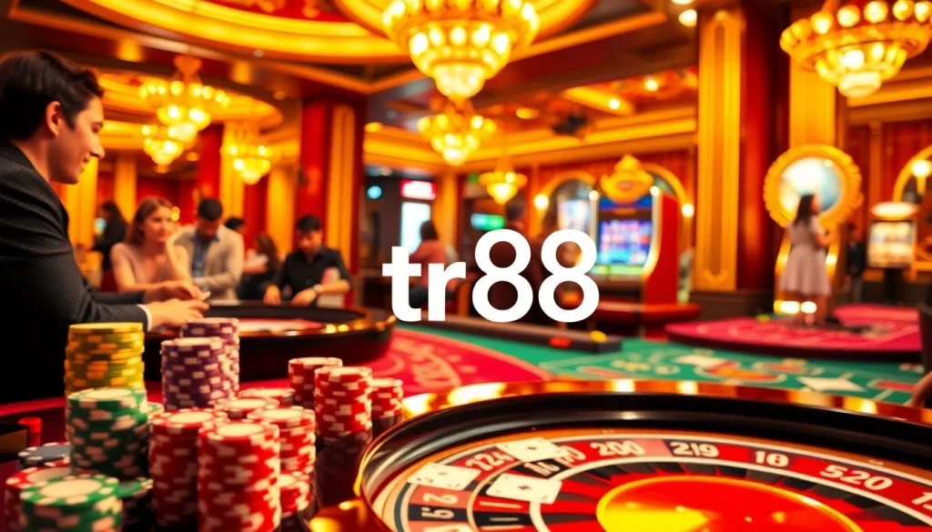 Excited players enjoy vibrant casino games at a table showcasing tr88 poker chips and roulette.