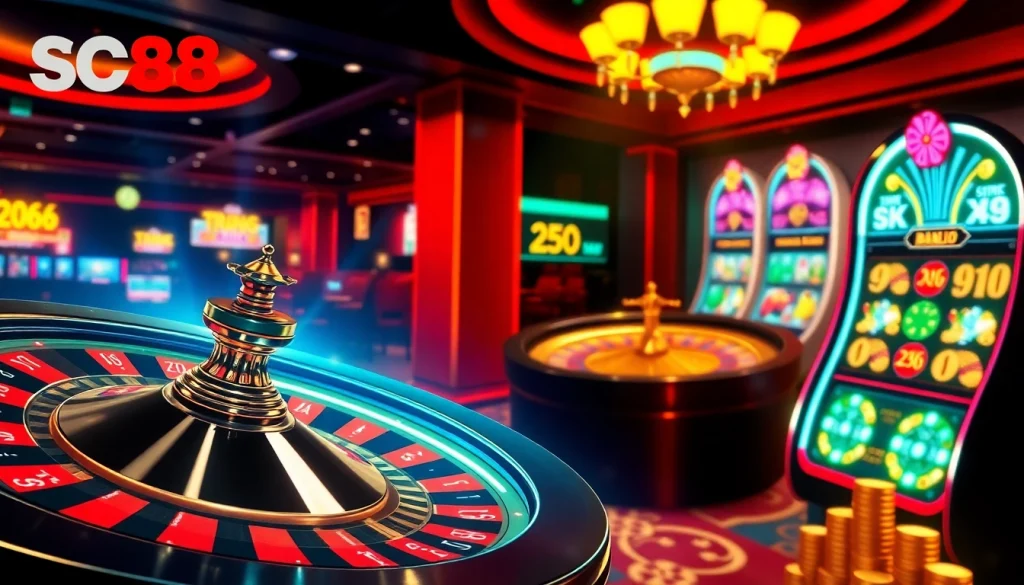 Experience the excitement of TRANG CHỦ SC88 with a luxurious casino scene featuring roulette and slot machines.