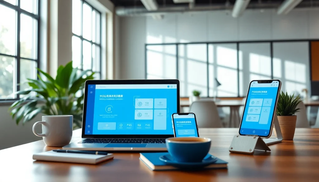 在明亮的现代办公环境中，快连官网应用程序在多台设备上显示，突出安全性与连接性。