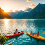 Urlaub Skandinavien: Eine Familie beim Kajakfahren in Norwegens atemberaubenden Fjorden bei Sonnenuntergang.