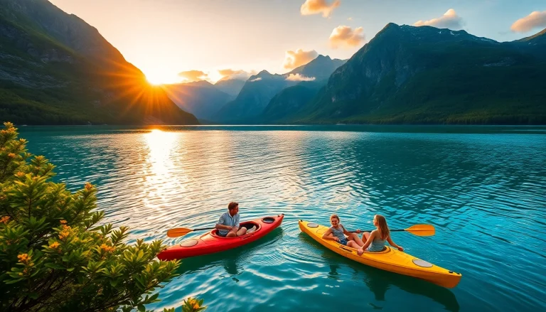 Urlaub Skandinavien: Eine Familie beim Kajakfahren in Norwegens atemberaubenden Fjorden bei Sonnenuntergang.