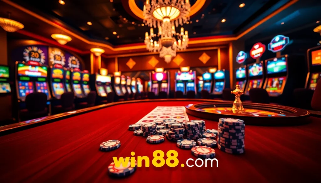 Experience the thrill of online gambling at win78.com with vibrant casino tables and colorful slot machines.
