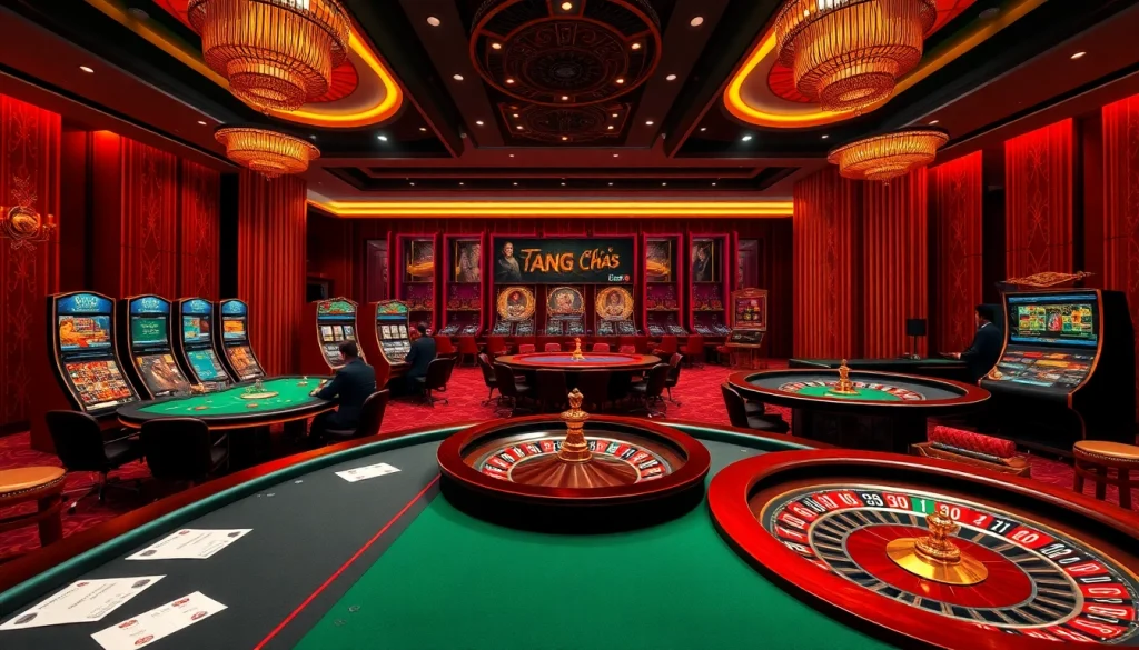 Experience the excitement of TRANG CHỦ LC88 with a luxurious online casino scene filled with thrilling games and vibrant atmosphere.
