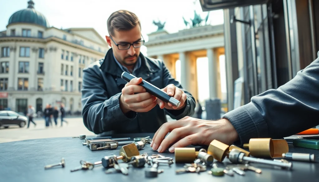 Schlüsseldienst Berlin zeigt einen professionellen Techniker mit hochwertigem Werkzeug.