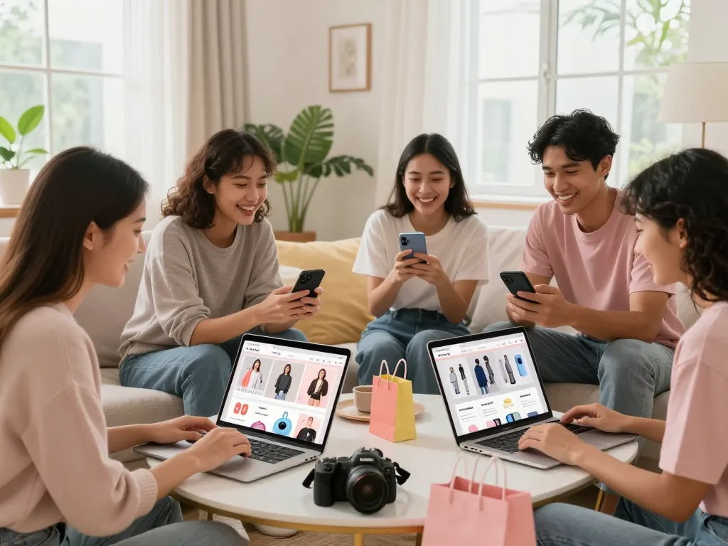 Friends excitedly shopping online on 79KING's vibrant platform in a cozy living room.