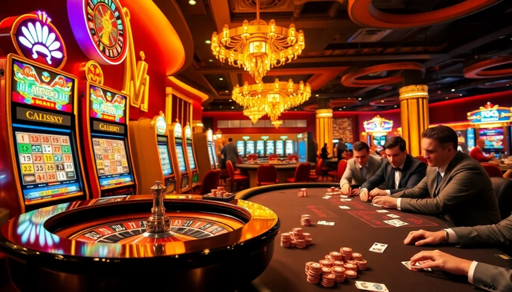 Exciting casino scene showcasing MMOO logo, vibrant slot machines, and players at a poker table.