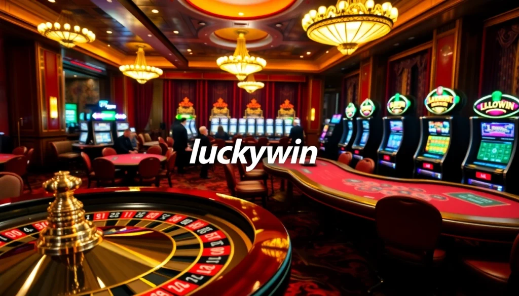 Players enjoying thrilling games at Luckywin casino with vibrant roulette and slot machines.