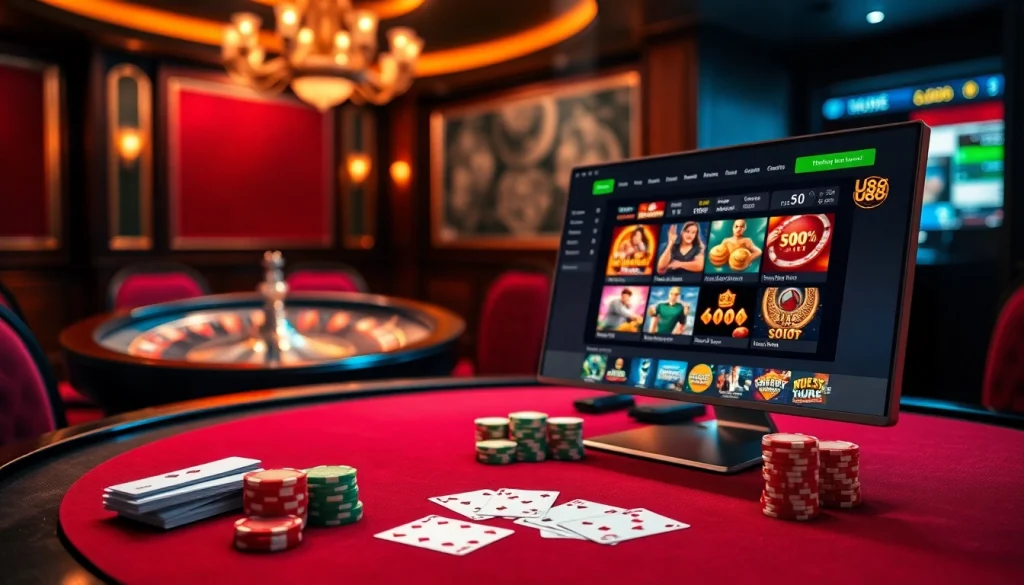 Experience the excitement of U888 U88 with dynamic casino visuals featuring poker and roulette.