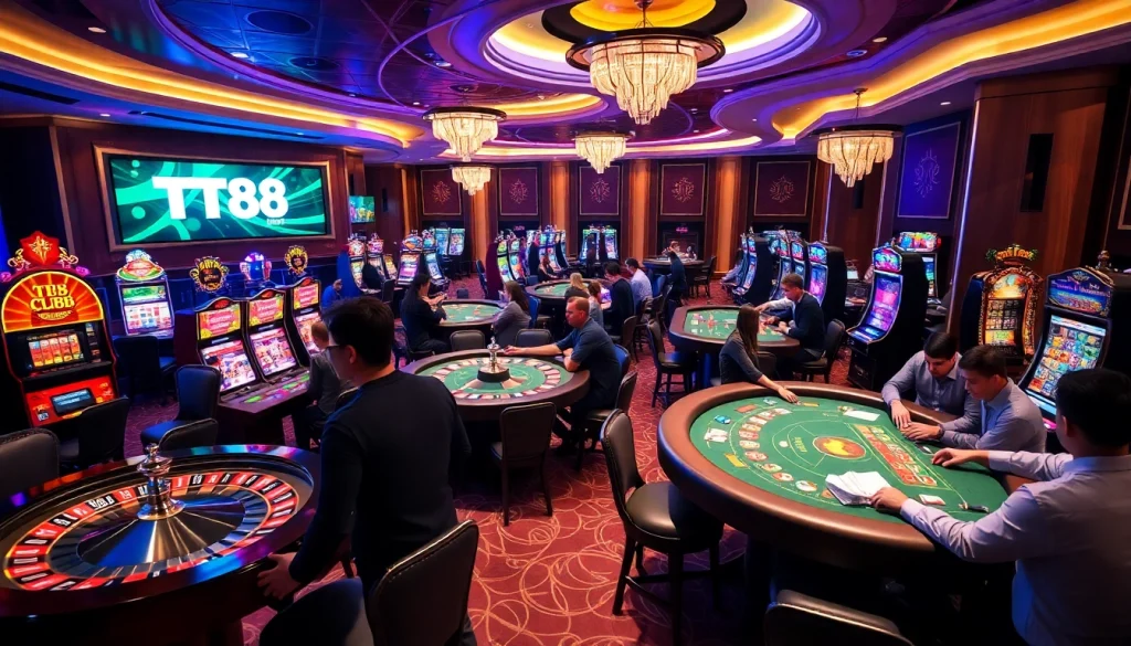 TT88 players engaging in an exciting game surrounded by vibrant casino tables and machines.