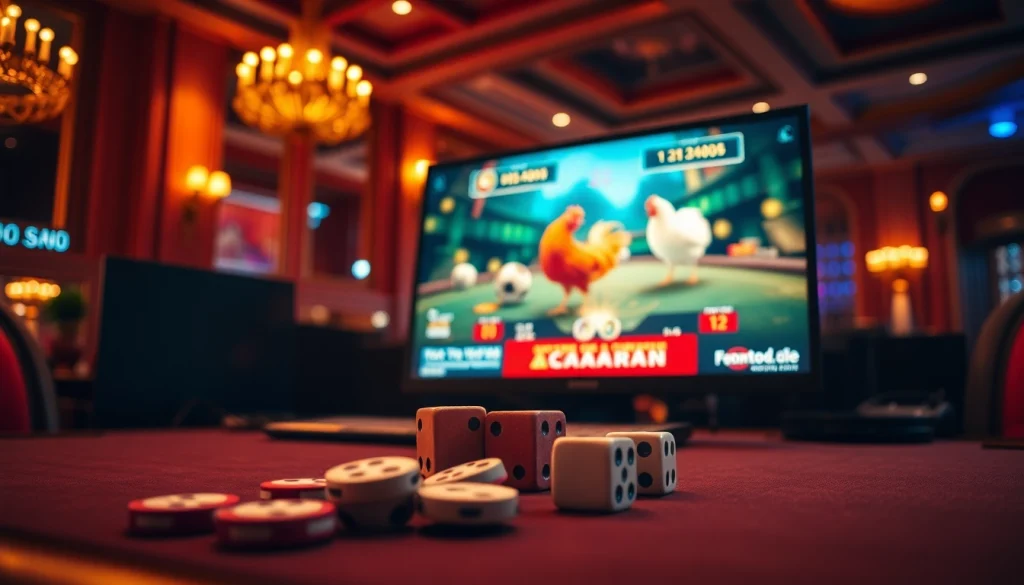 xem đá gà trực tiếp on a computer screen with poker chips and dice on a luxurious table