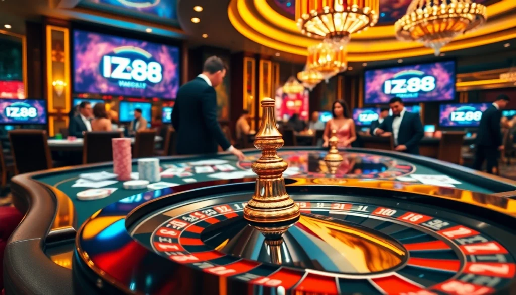 Gambling excitement at https://hz88.life/ with poker chips and a roulette wheel in a luxurious casino.