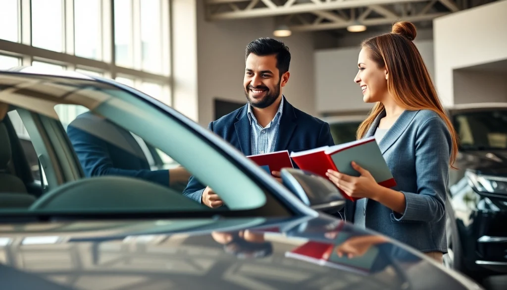 Auto kaufen: Kunden betrachten ein Fahrzeug in einem modernen Autohaus.