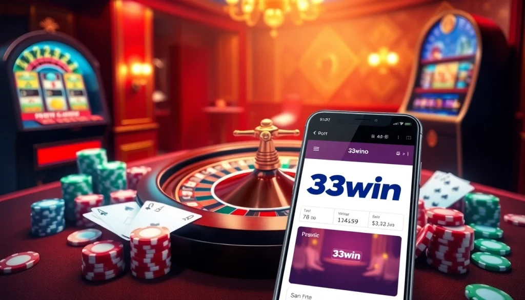 Experience the thrill of 33win with vibrant casino scenes featuring roulette and poker chips.