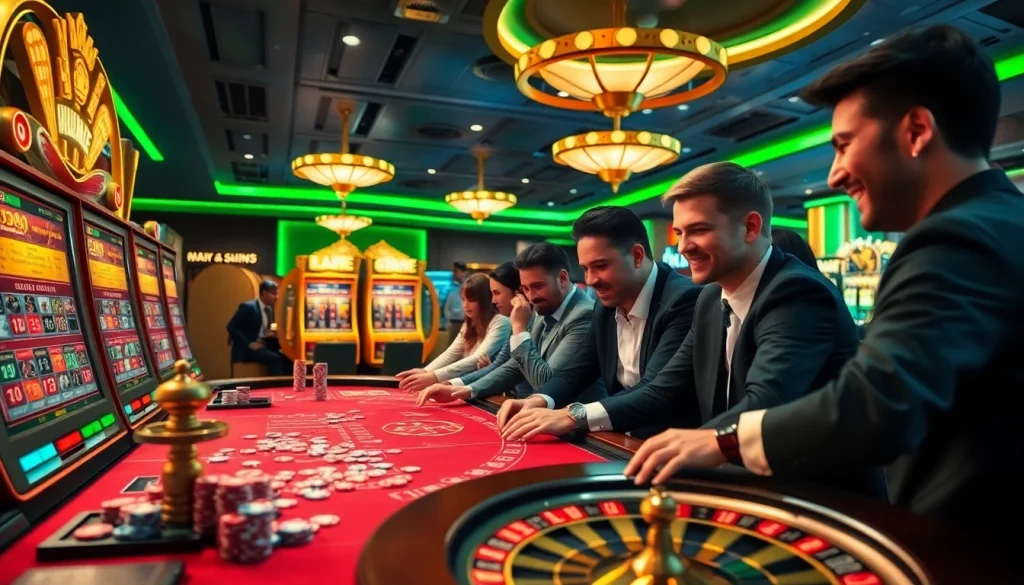 U888 players engaging with roulette and card games in a vibrant casino environment.