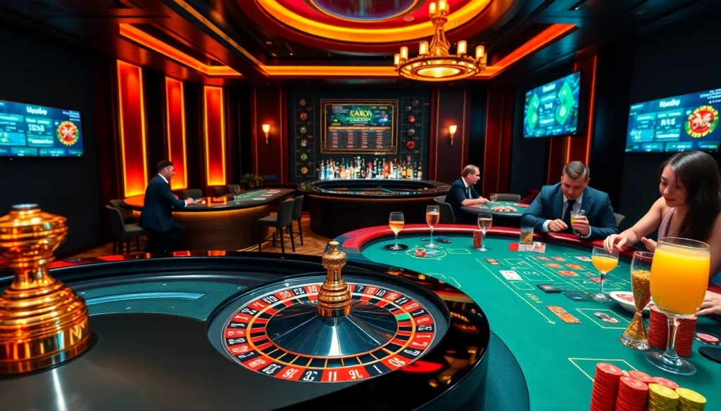 Experience the excitement of online betting at https://nhacaiuytinvn.us.com/ with a luxurious casino scene featuring poker tables and roulette.