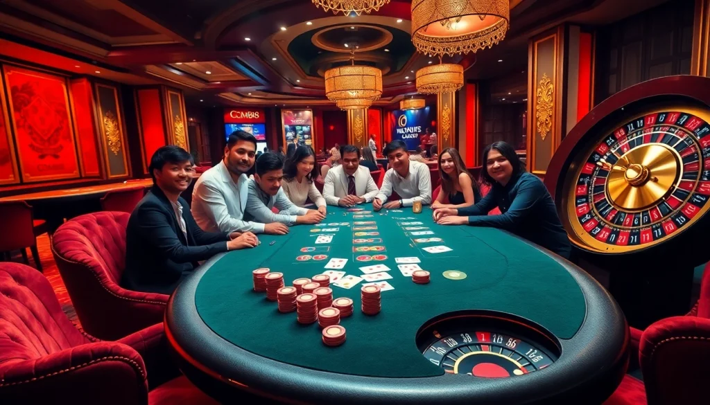 Players engaging in an exciting poker game at a luxurious casino featuring CM88-themed decor.