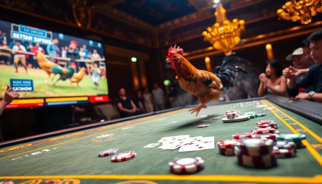 Experience đá gà trực tiếp with an exciting live betting scene featuring vibrant casino elements.