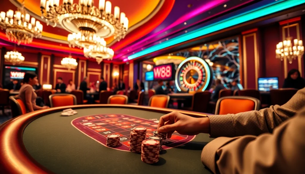 Experience a thrilling W88 poker game at a luxurious casino with vibrant colors and elegant decor.