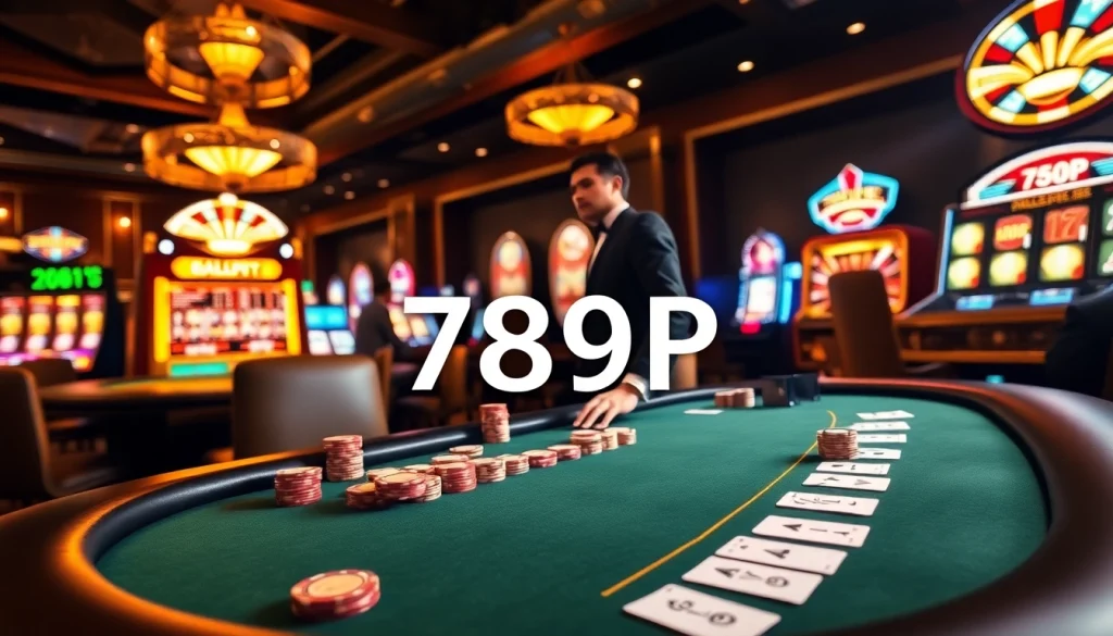 Exciting gameplay at 789P casino, featuring a luxurious blackjack table and vibrant slot machines.