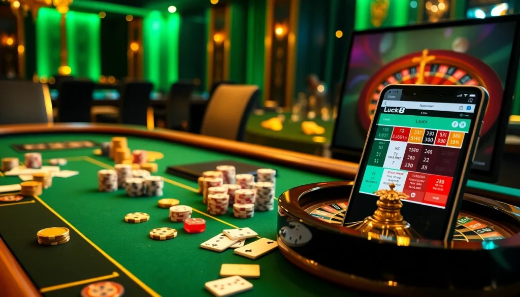 Engaging scene showcasing exciting gambling at luck8 casino with vibrant poker and roulette action.