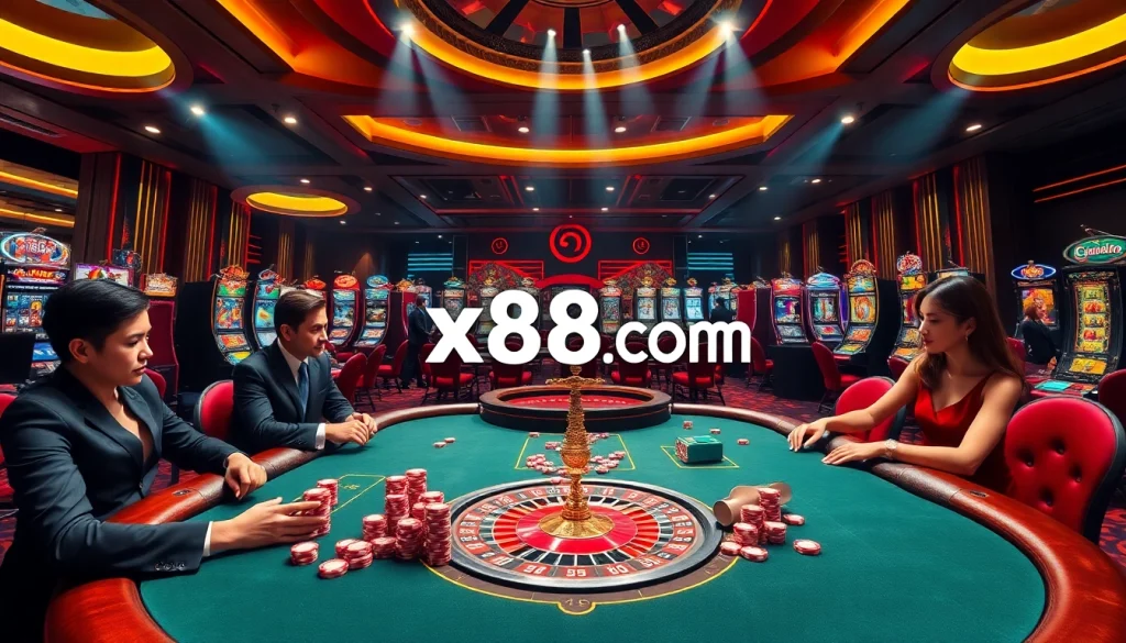 Experience the thrill of gambling at x88.com with a stunning casino scene featuring poker tables and roulette.
