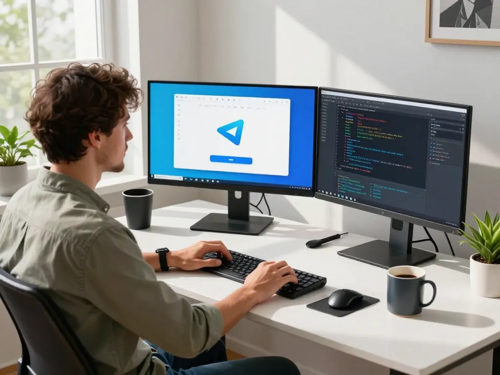 动态工作空间，展示在显示器上运行的Telegram下载应用程序，突出现代科技工作环境。