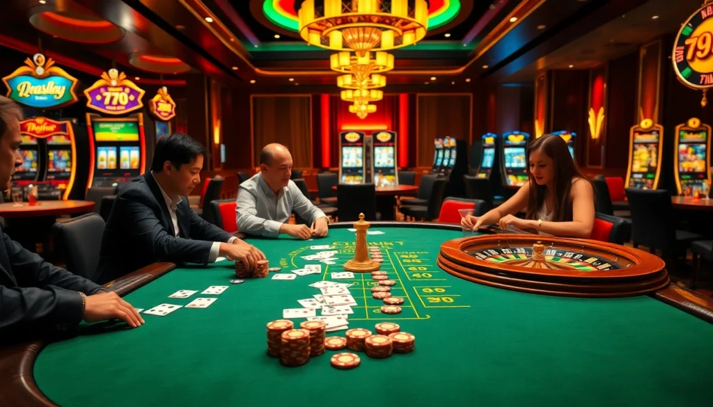 Engaged players at a vibrant 79win poker table in a luxurious casino atmosphere.