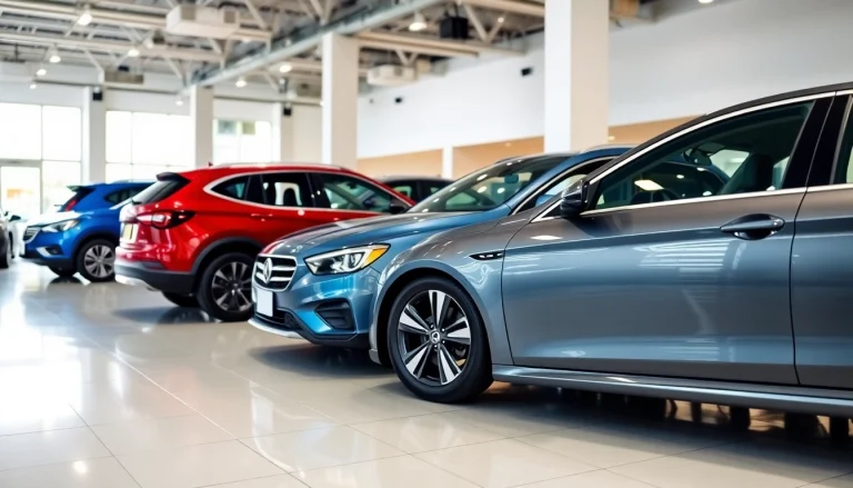 Auto kaufen in einer modernen Autohandelsumgebung mit verschiedenen Fahrzeugen und einladendem Design.