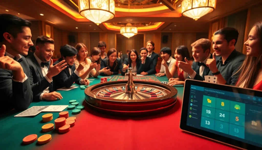 Players engaging at a J88 casino table, stacking chips and cards in a glamorous setting.