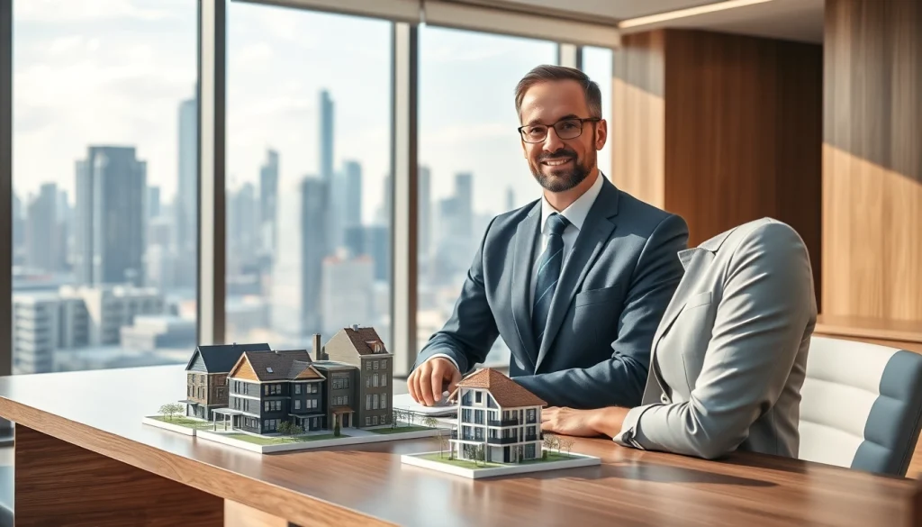 Immobilien Deutschland – Immobilienmakler präsentiert moderne Stadtimmobilien in hell erleuchtetem Büro.