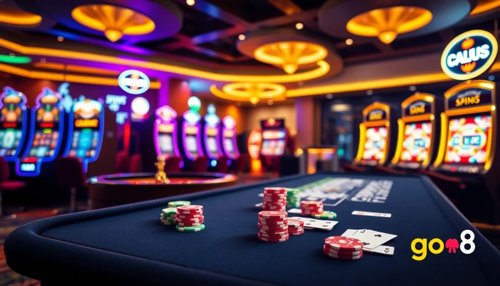 Engaging casino scene featuring go8 branded poker chips and a vibrant roulette wheel.