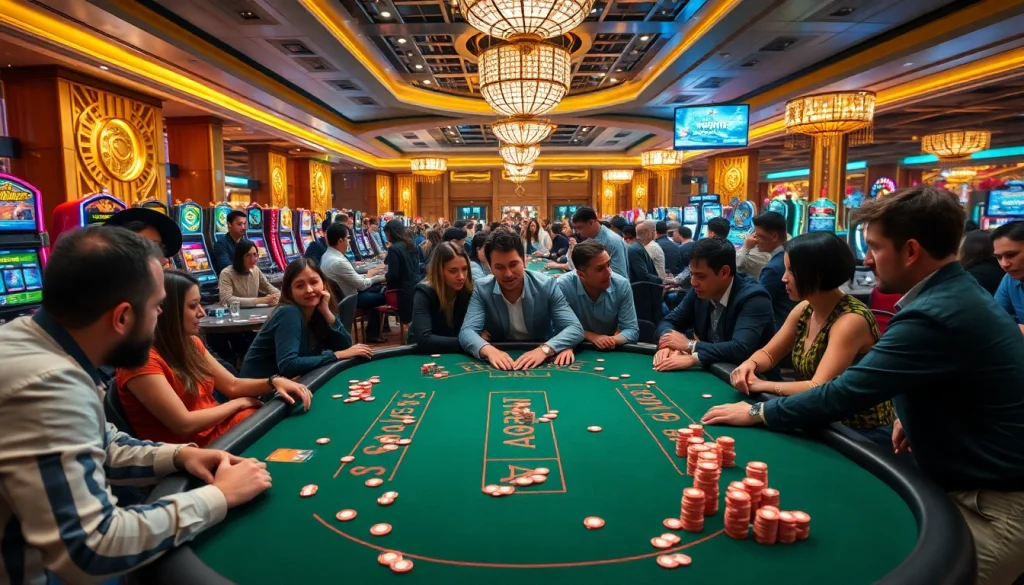 Experience the excitement of nohu90 with a thrilling casino scene filled with vibrant slot machines.