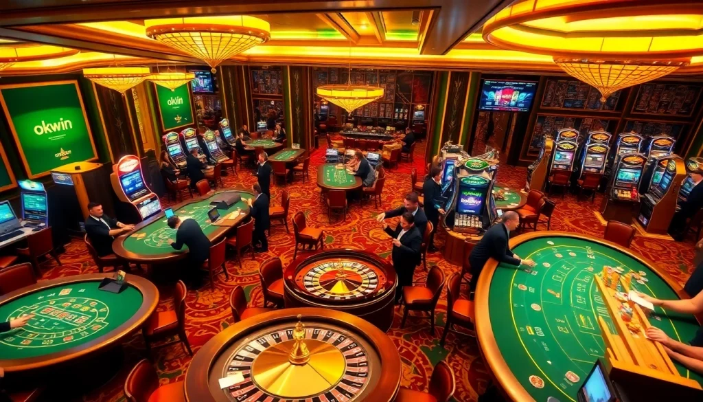 Engaging casino scene with players enjoying blackjack and slot machines, highlighting okwin opportunities.